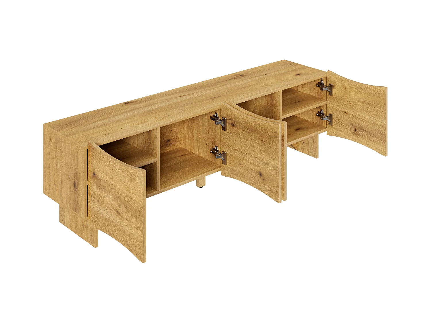 Meuble TV couleur naturelle avec 4 portes et passe-câbles, design à motifs ondulés 155x36x47cm