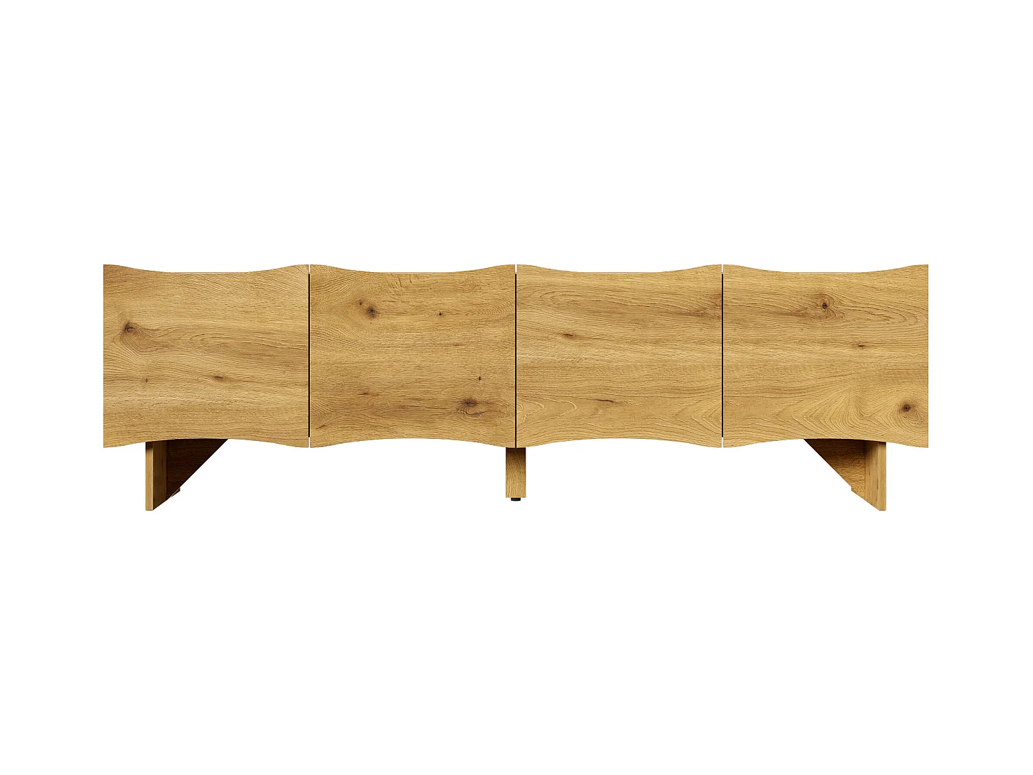 Meuble TV couleur naturelle avec 4 portes et passe-câbles, design à motifs ondulés 155x36x47cm