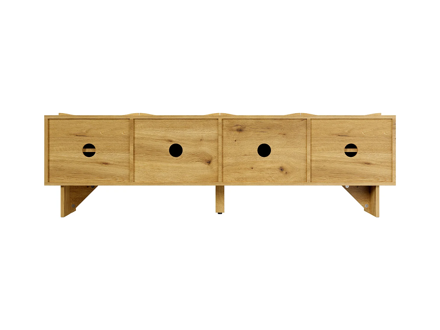 Meuble TV couleur naturelle avec 4 portes et passe-câbles, design à motifs ondulés 155x36x47cm