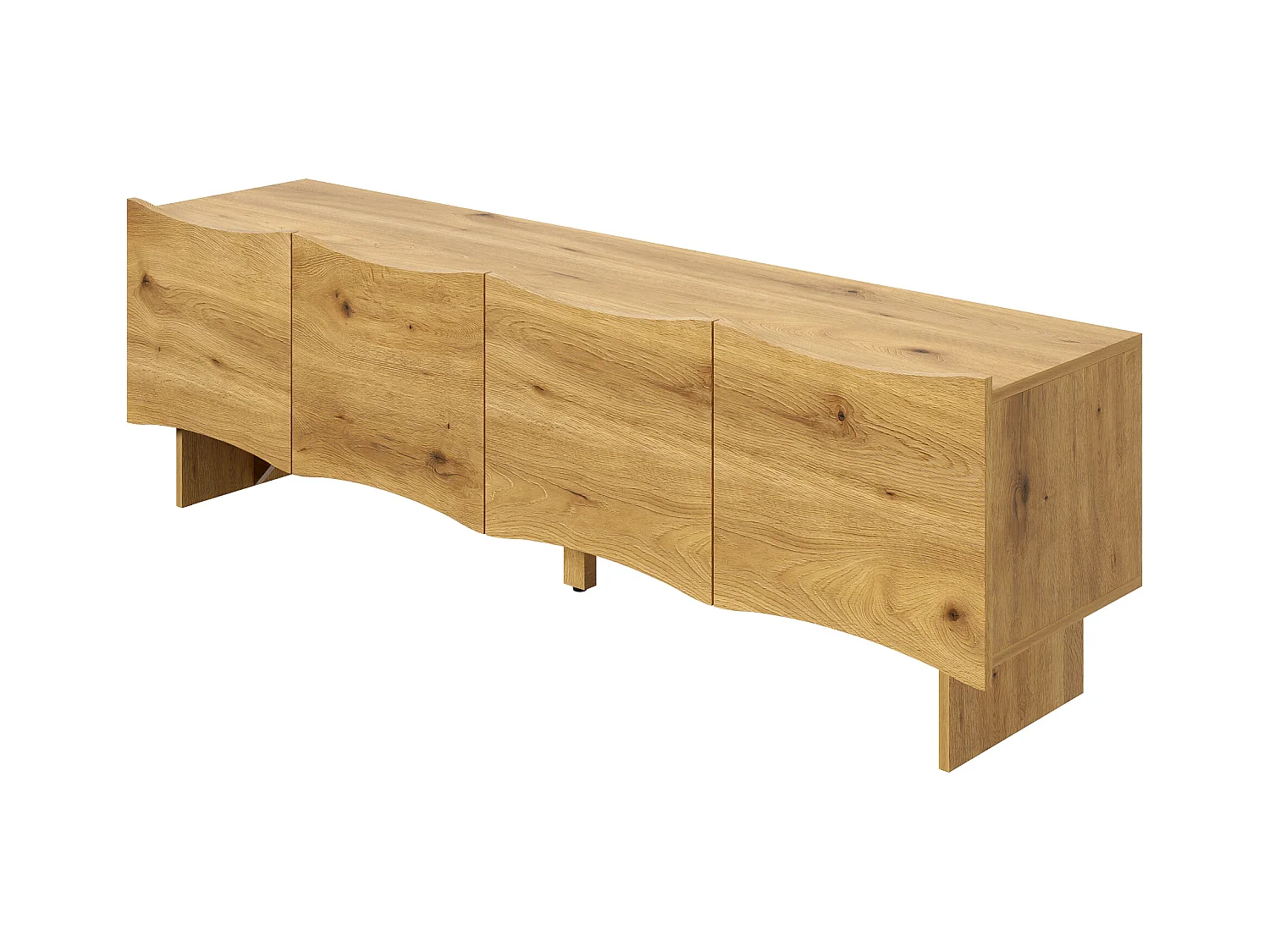 Meuble TV couleur naturelle avec 4 portes et passe-câbles, design à motifs ondulés 155x36x47cm