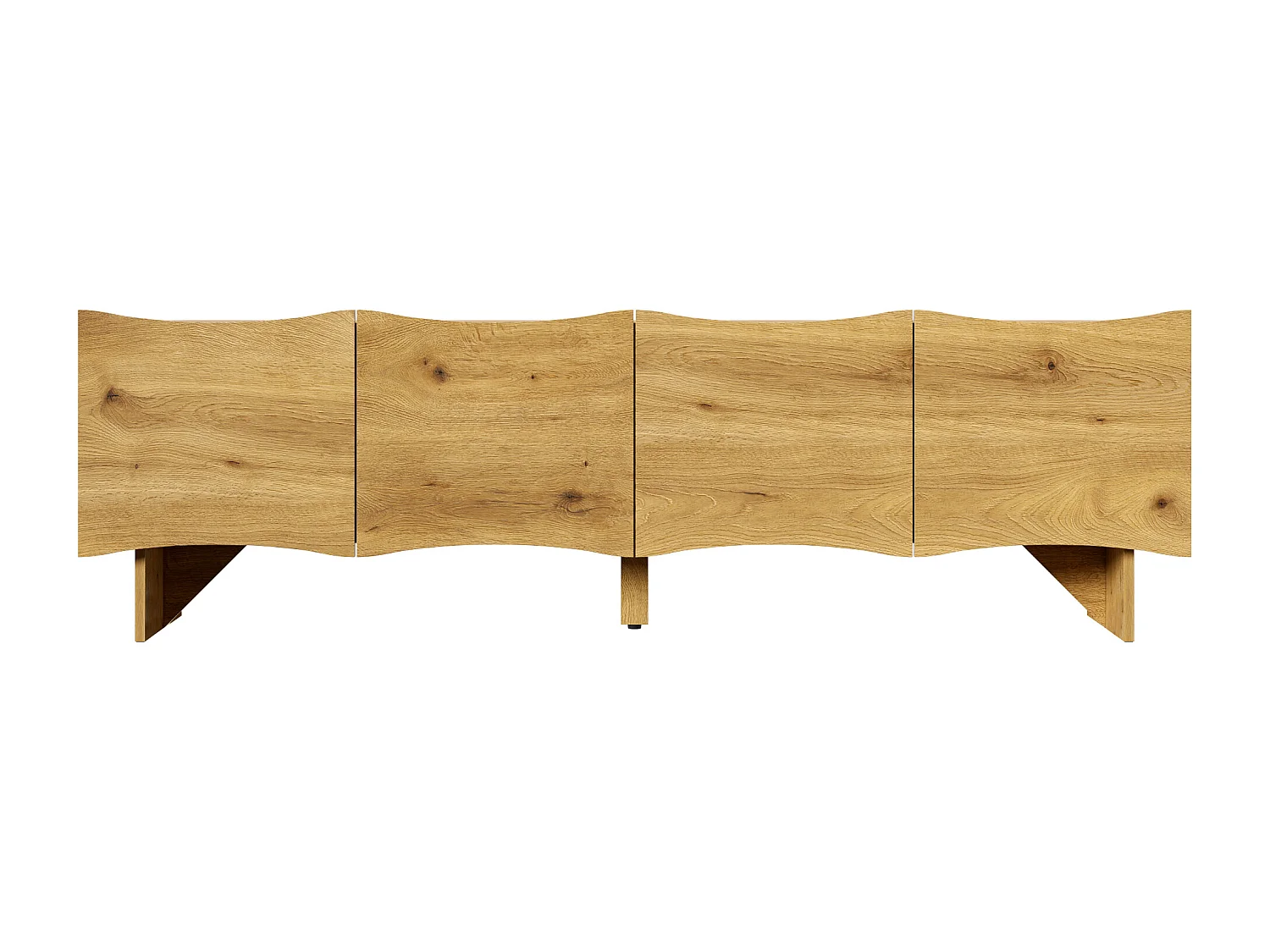 Meuble TV couleur naturelle avec 4 portes et passe-câbles, design à motifs ondulés 155x36x47cm