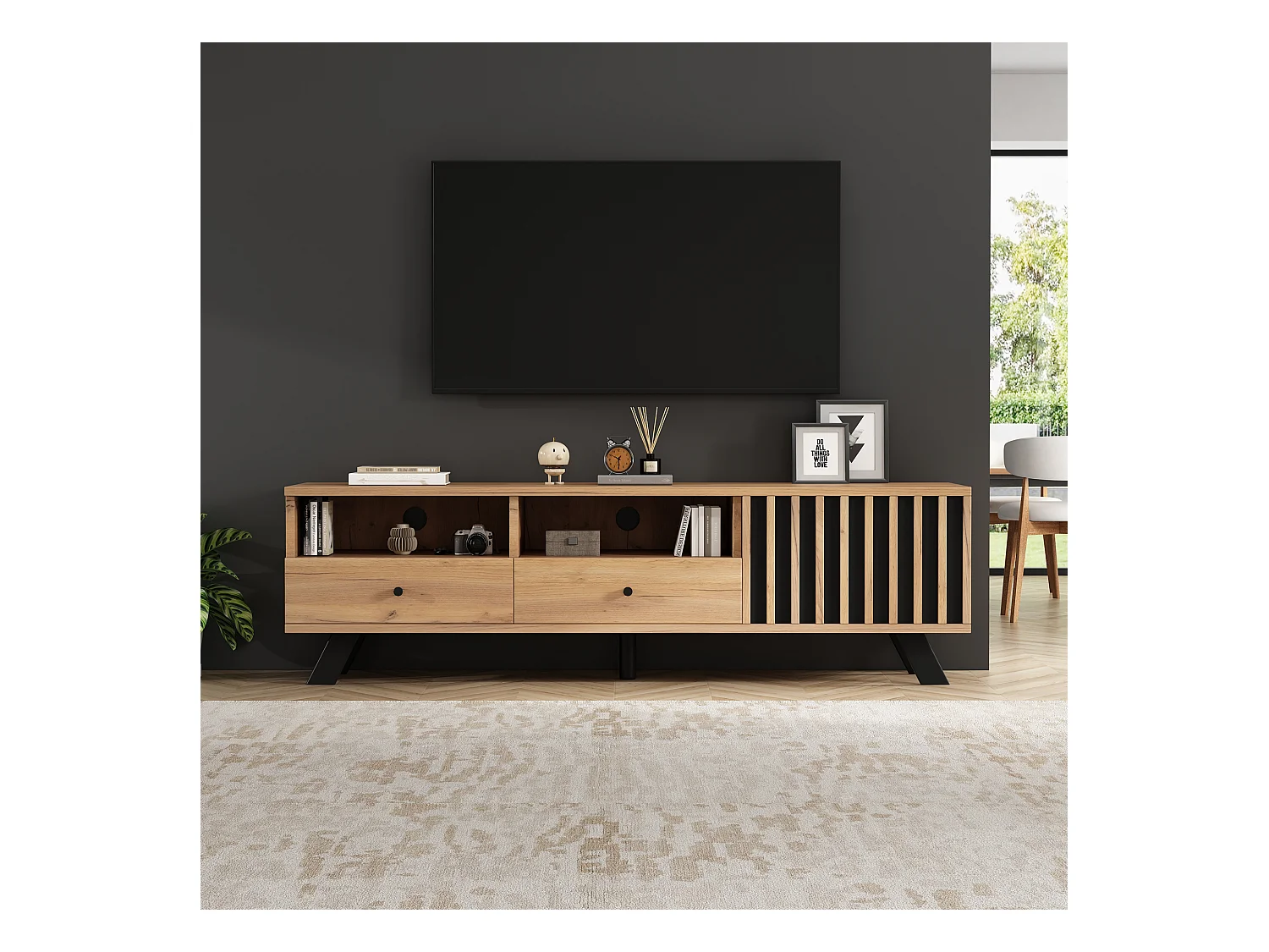 Mobile TV color naturale con anta in legno cavo, 2 cassetti, gambe nere 150x38x44cm
