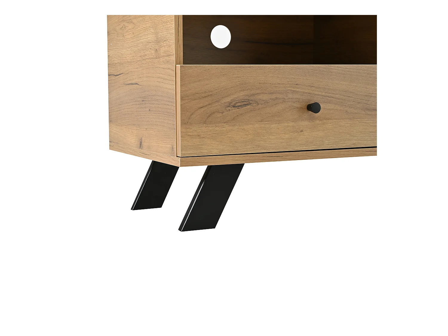 Meuble TV couleur naturelle avec porte creuse en bois, 2 tiroirs, pieds noirs 150x38x44cm