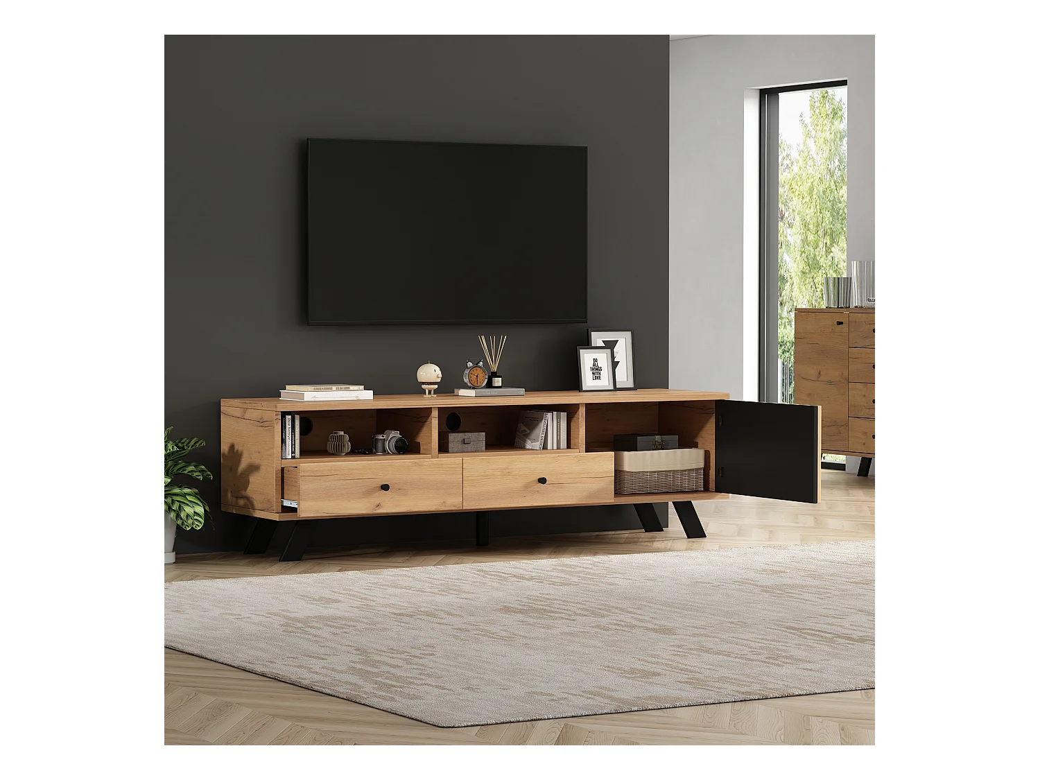 Meuble TV couleur naturelle avec porte creuse en bois, 2 tiroirs, pieds noirs 150x38x44cm