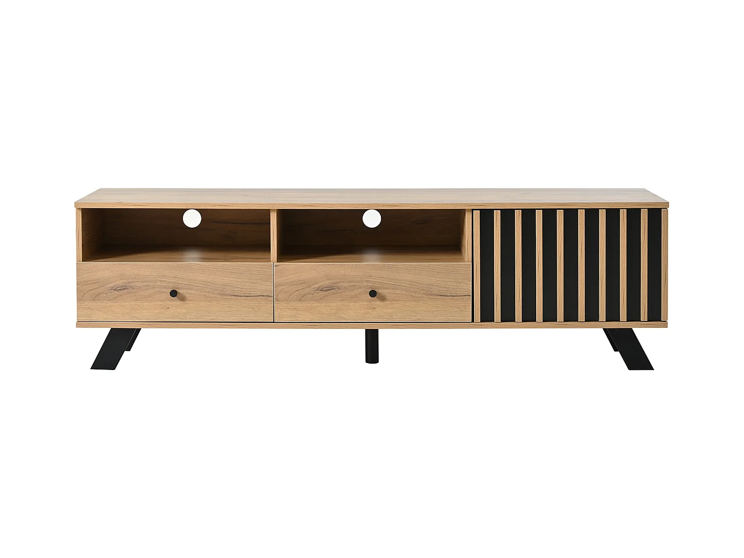 Meuble TV couleur naturelle avec porte creuse en bois, 2 tiroirs, pieds noirs 150x38x44cm