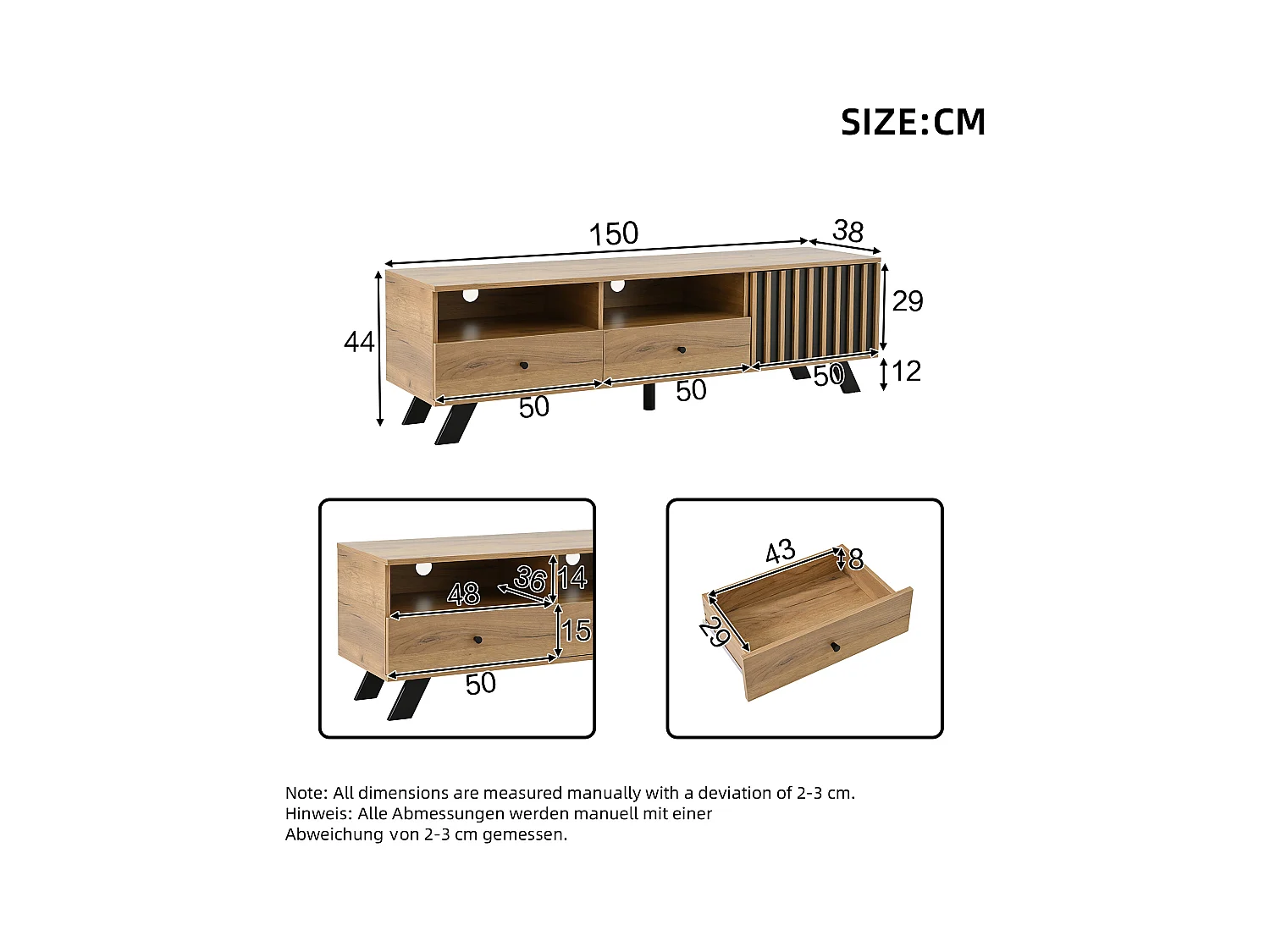 Meuble TV couleur naturelle avec porte creuse en bois, 2 tiroirs, pieds noirs 150x38x44cm