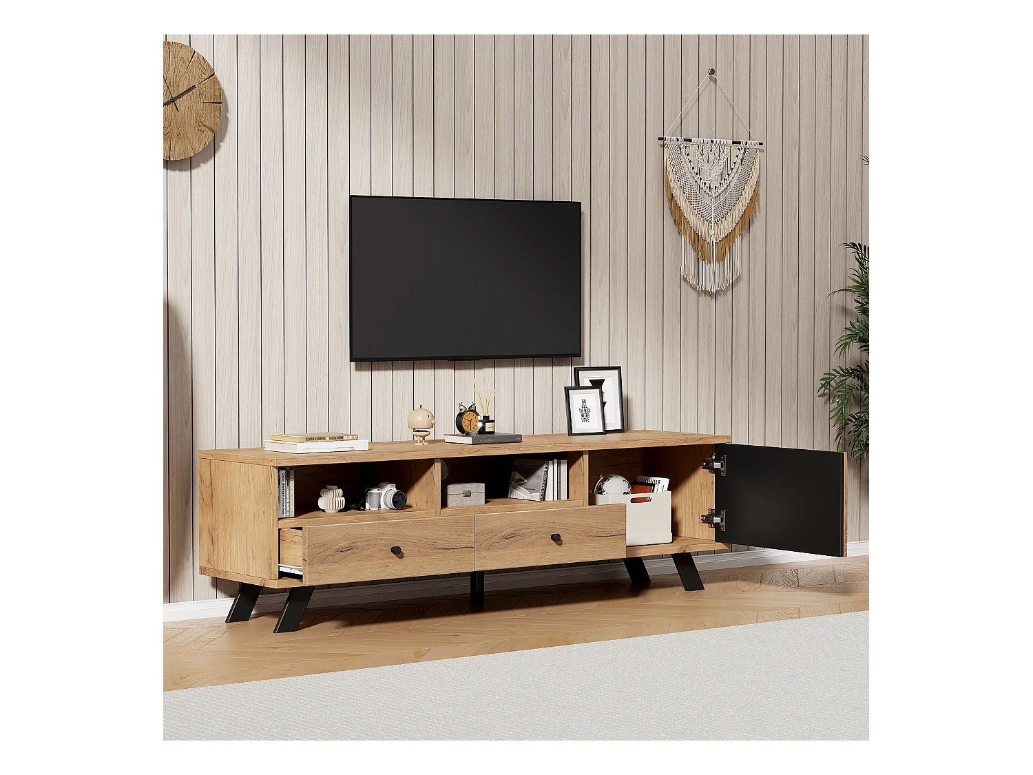 Meuble TV couleur naturelle avec porte creuse en bois, 2 tiroirs, pieds noirs 150x38x44cm