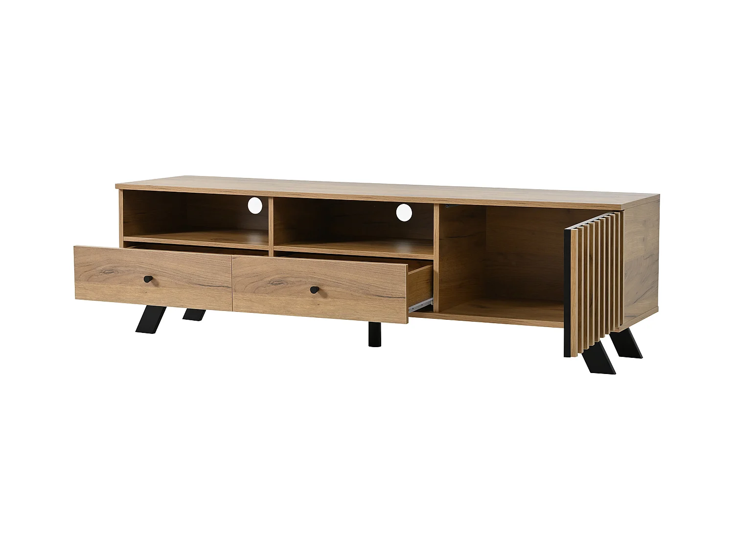 Meuble TV couleur naturelle avec porte creuse en bois, 2 tiroirs, pieds noirs 150x38x44cm