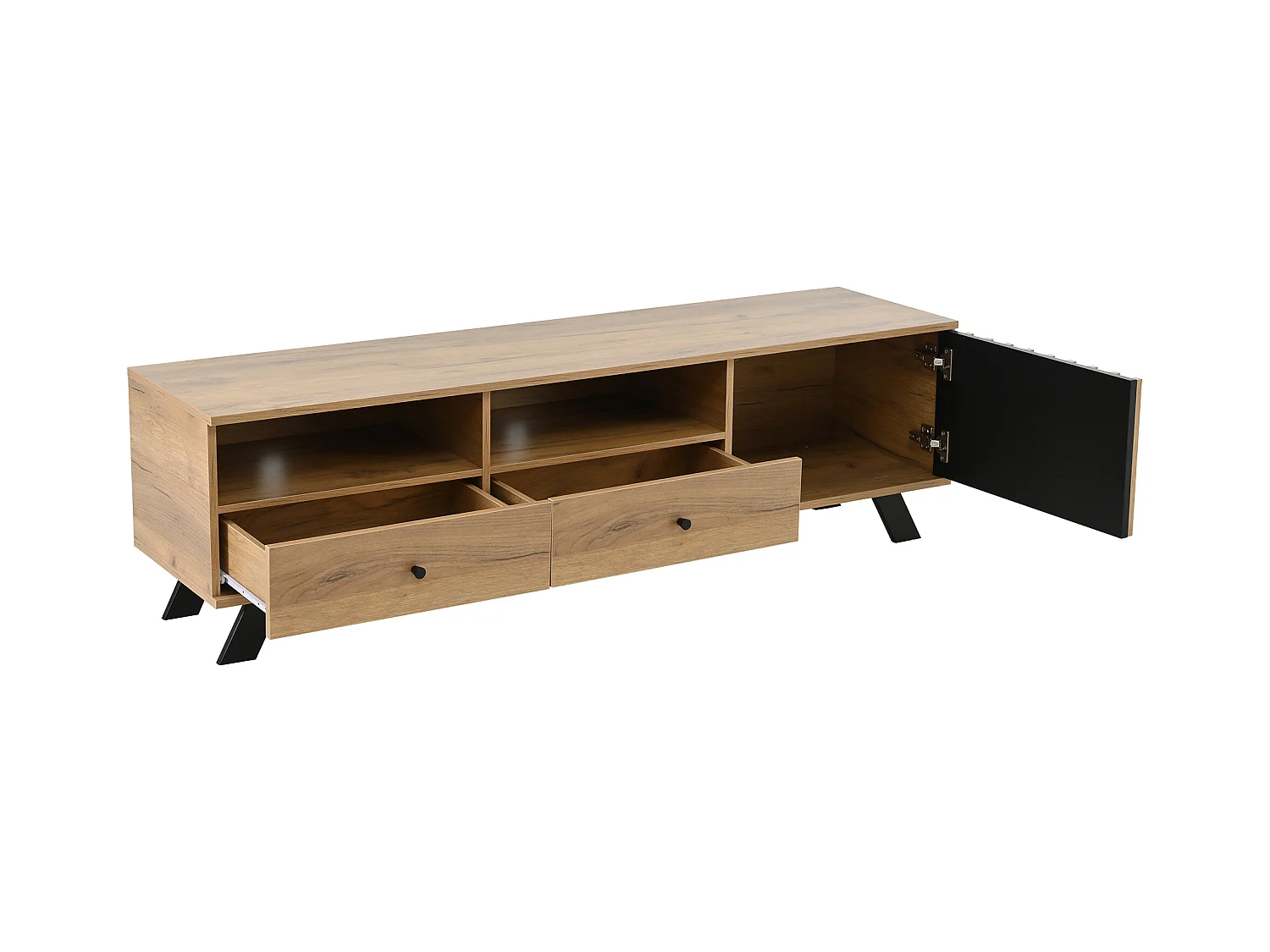 Meuble TV couleur naturelle avec porte creuse en bois, 2 tiroirs, pieds noirs 150x38x44cm