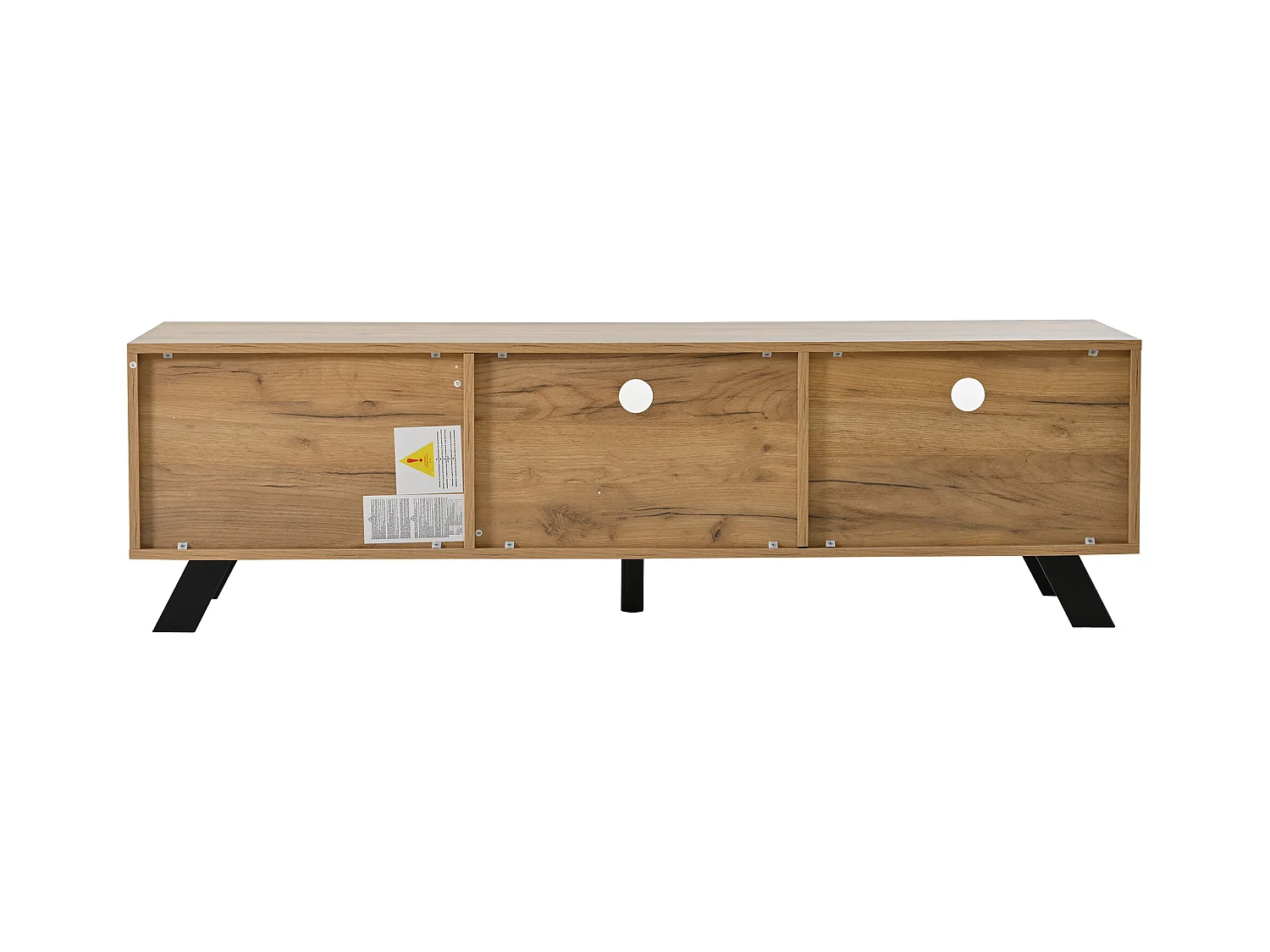 Meuble TV couleur naturelle avec porte creuse en bois, 2 tiroirs, pieds noirs 150x38x44cm