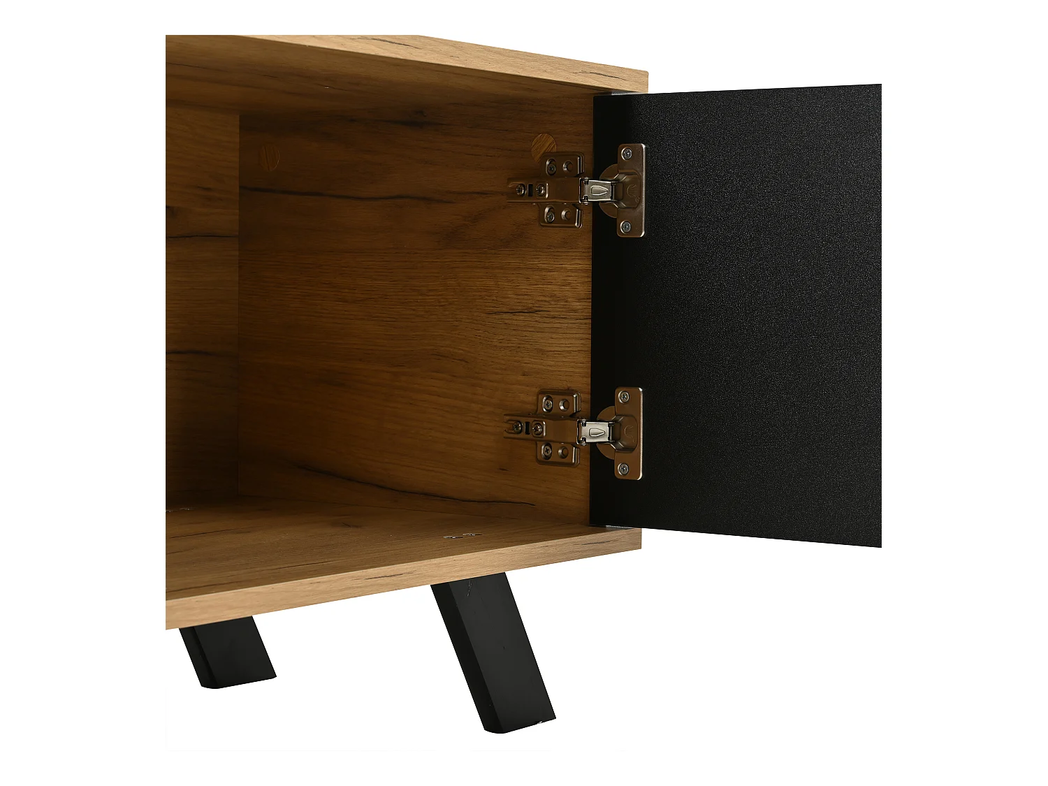 Meuble TV couleur naturelle avec porte creuse en bois, 2 tiroirs, pieds noirs 150x38x44cm