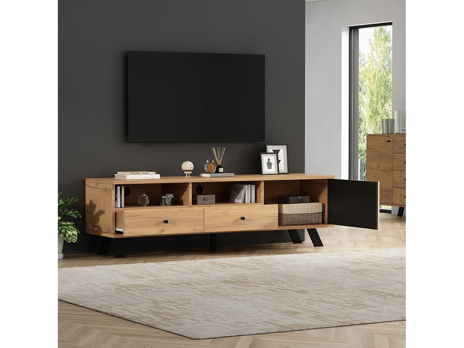 Mueble TV color natural con puerta hueca de madera, 2 cajones, patas negras 150x38x44cm
