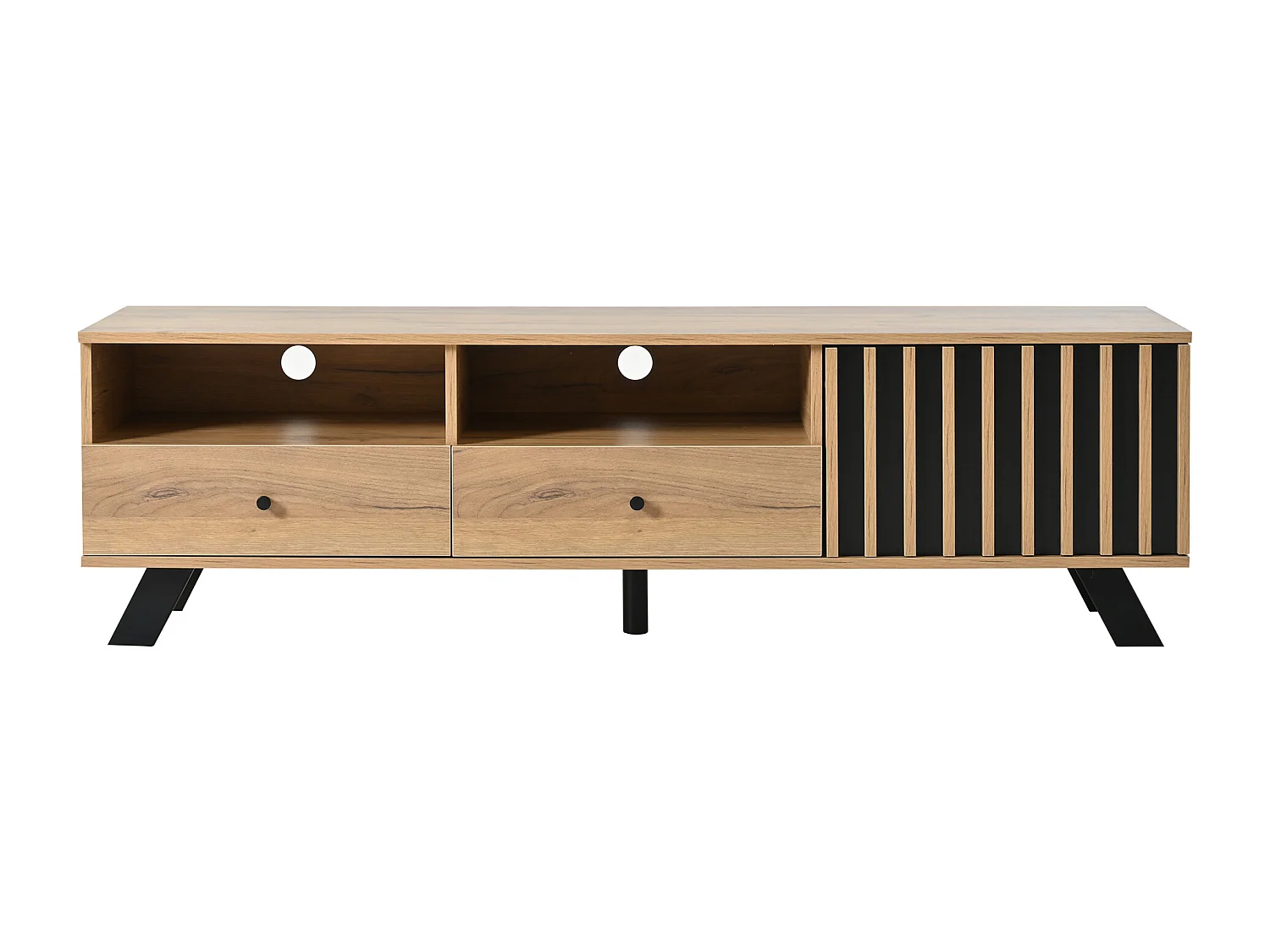 Mueble TV color natural con puerta hueca de madera, 2 cajones, patas negras 150x38x44cm