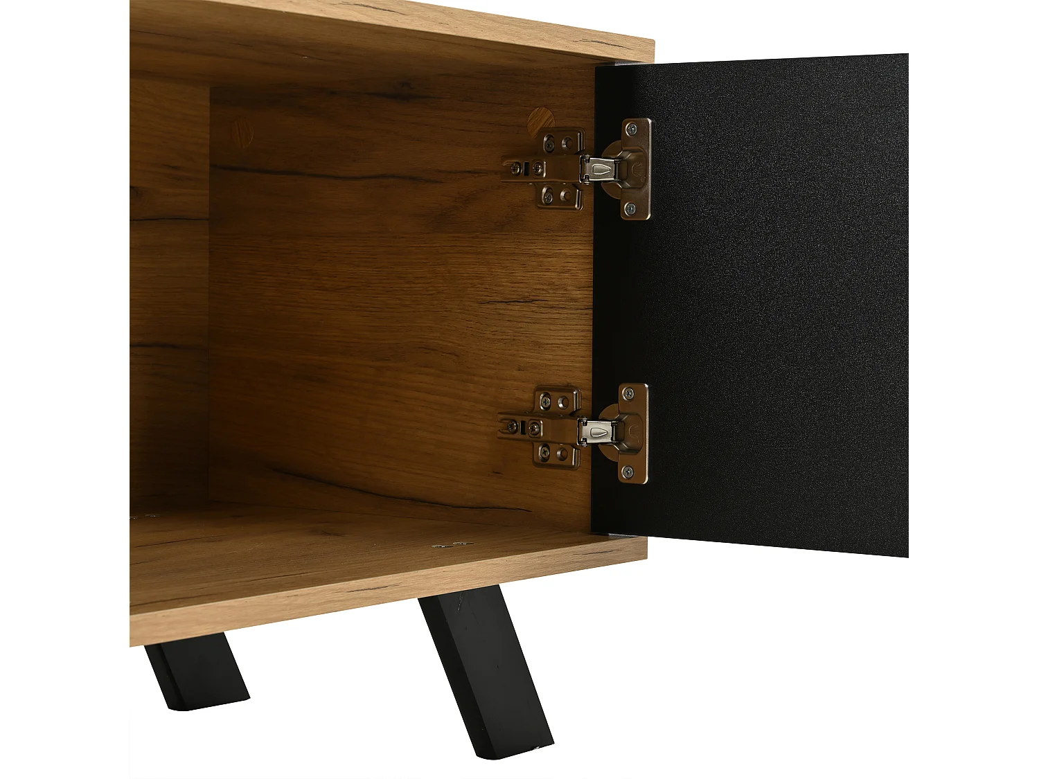 Mueble TV color natural con puerta hueca de madera, 2 cajones, patas negras 150x38x44cm