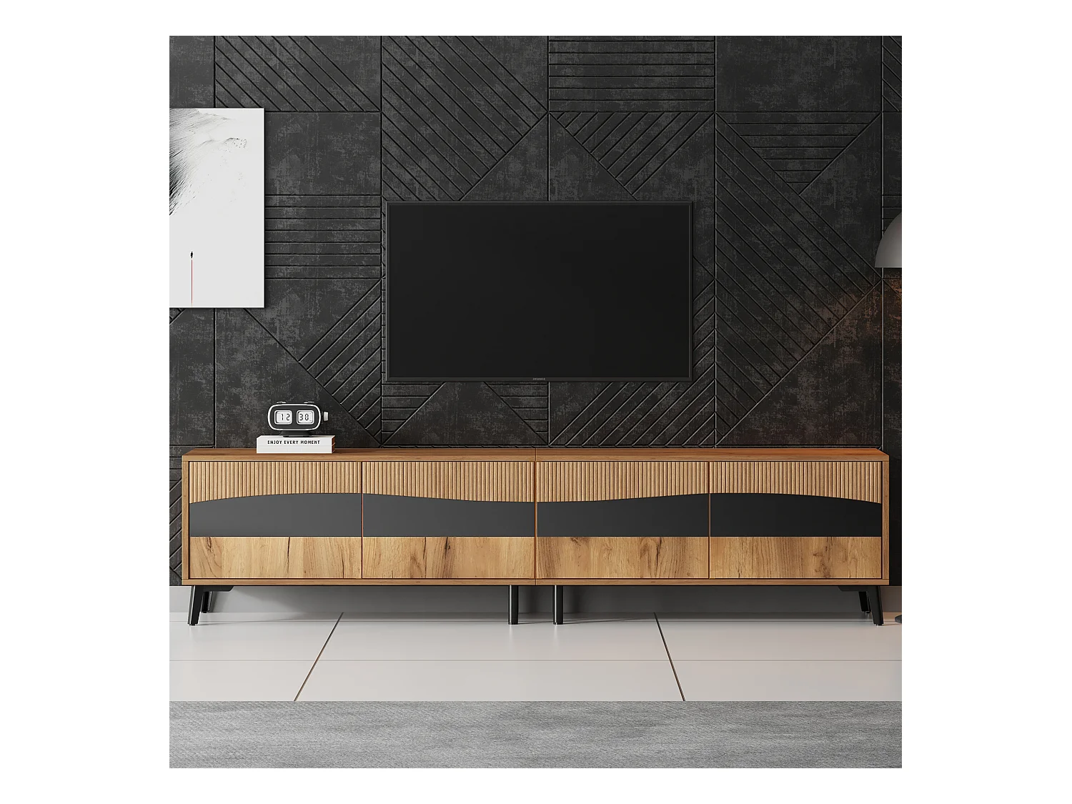 Mobile TV naturale e nero con 4 ante, piano in legno venato 180x40x50cm