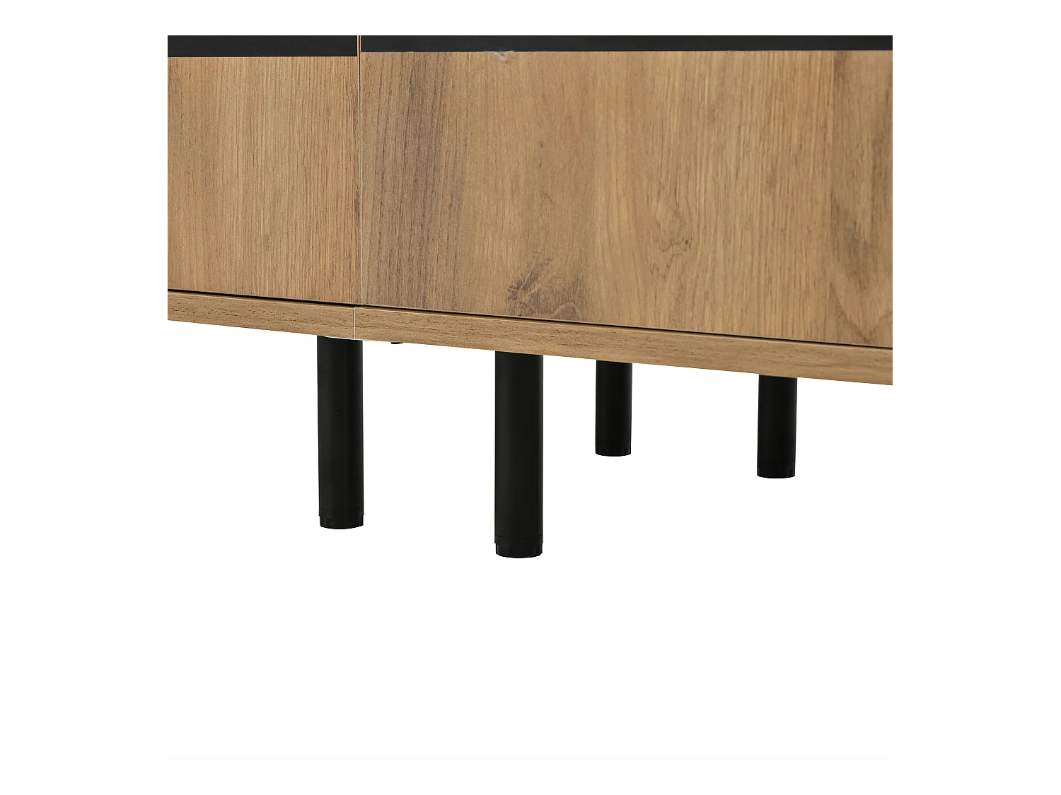 Meuble TV naturel et noir avec 4 portes, plateau en grain de bois 180x40x50cm