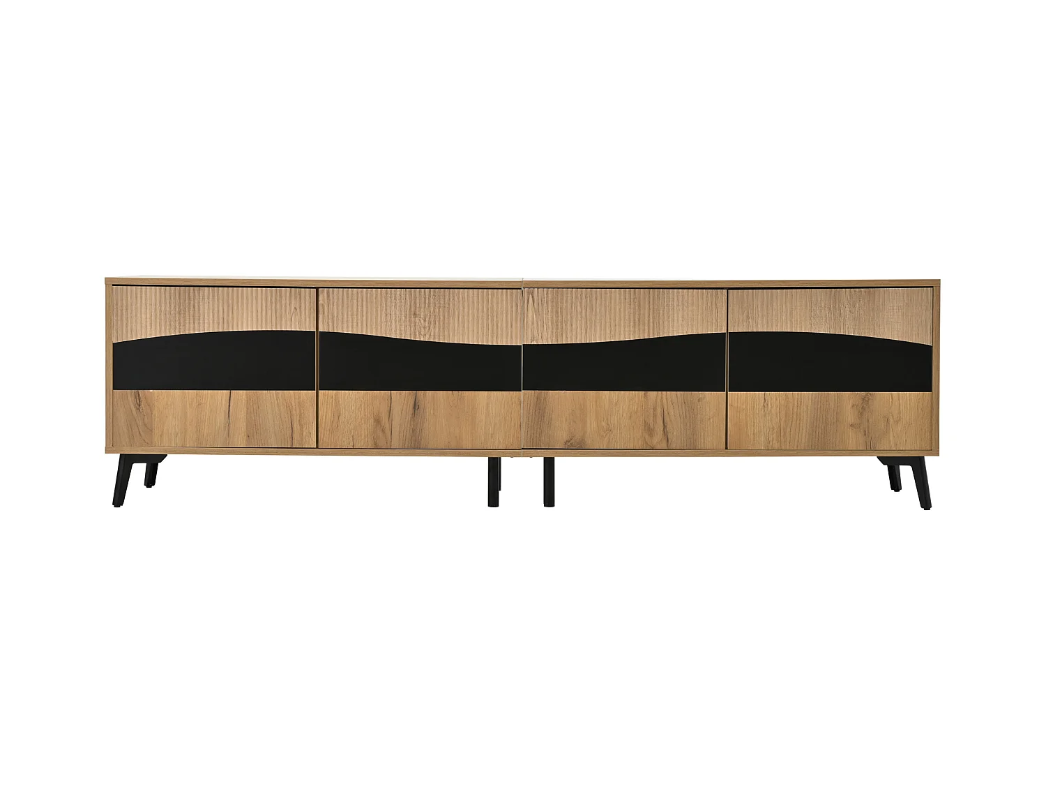 Meuble TV naturel et noir avec 4 portes, plateau en grain de bois 180x40x50cm