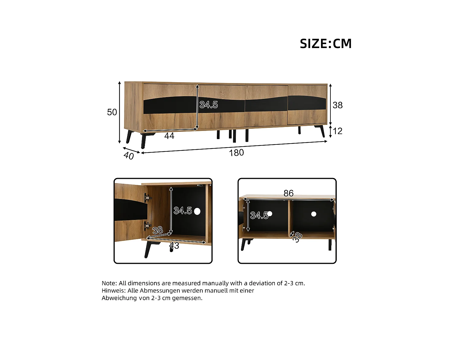 Meuble TV naturel et noir avec 4 portes, plateau en grain de bois 180x40x50cm