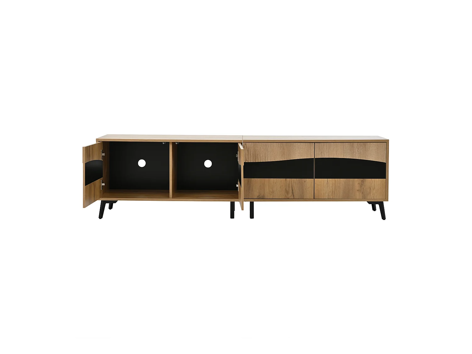 Meuble TV naturel et noir avec 4 portes, plateau en grain de bois 180x40x50cm