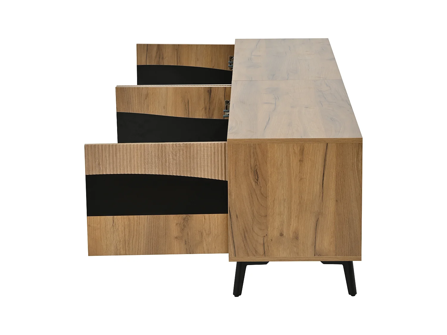 Meuble TV naturel et noir avec 4 portes, plateau en grain de bois 180x40x50cm