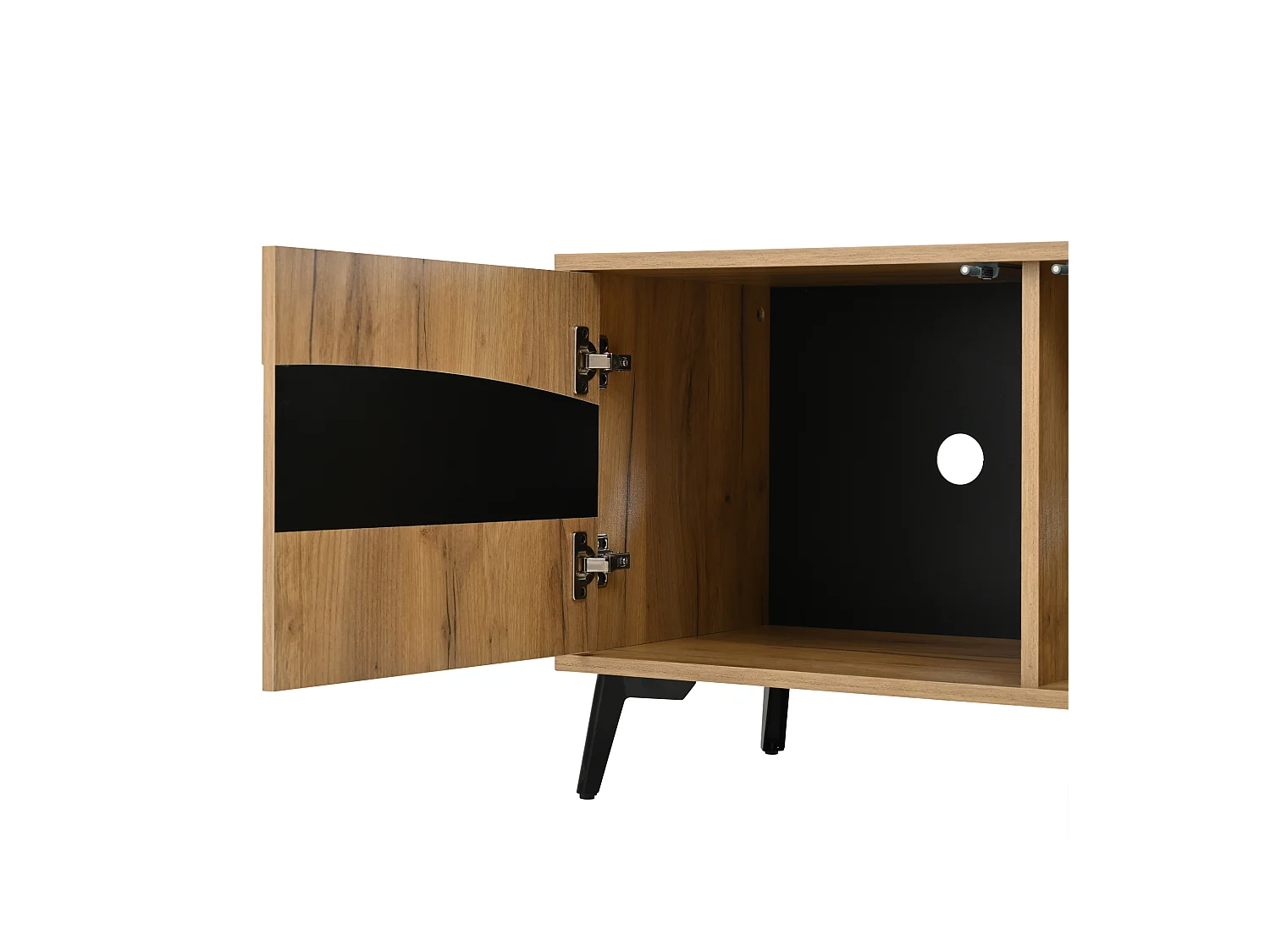 Meuble TV naturel et noir avec 4 portes, plateau en grain de bois 180x40x50cm