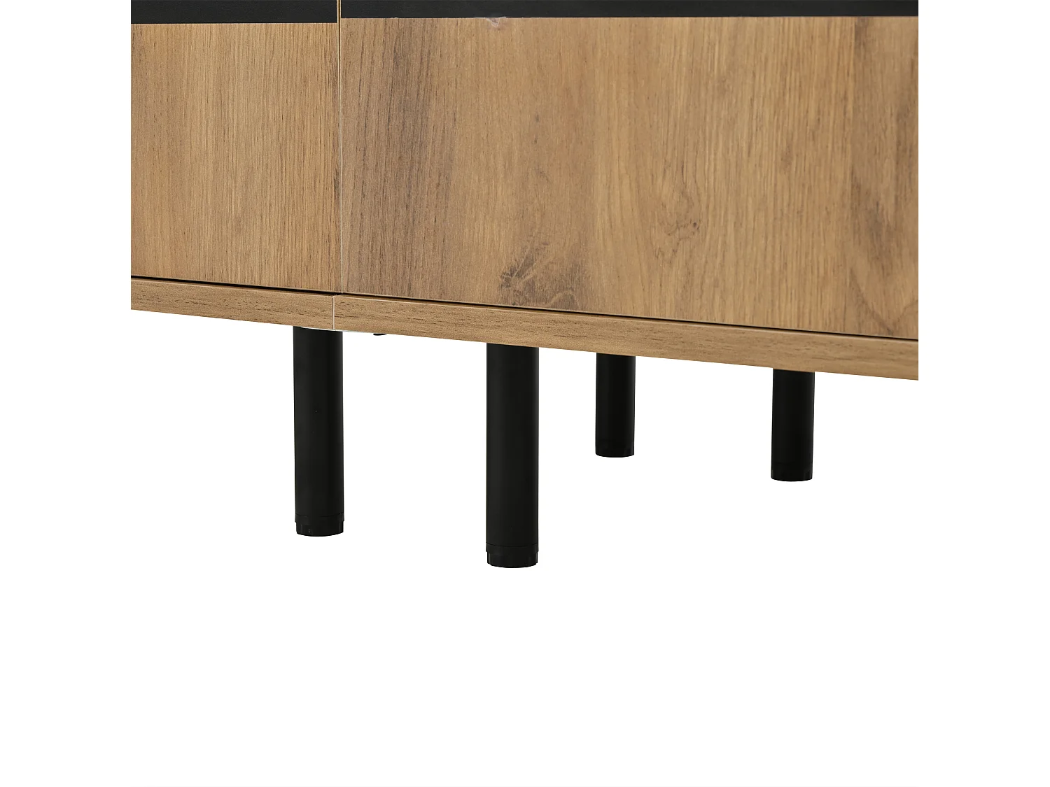 Meuble TV naturel et noir avec 4 portes, plateau en grain de bois 180x40x50cm