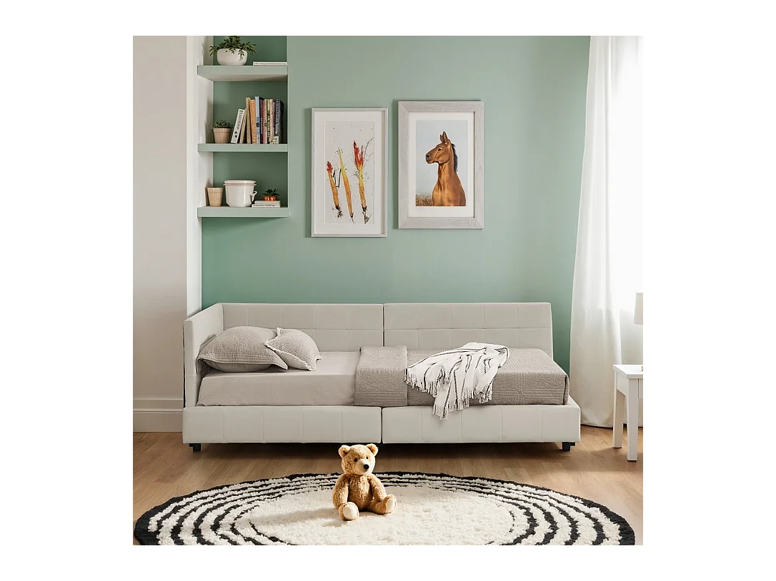 Cama infantil individual beige 90x200cm, respaldo alto, tejido terciopelo, sin colchón