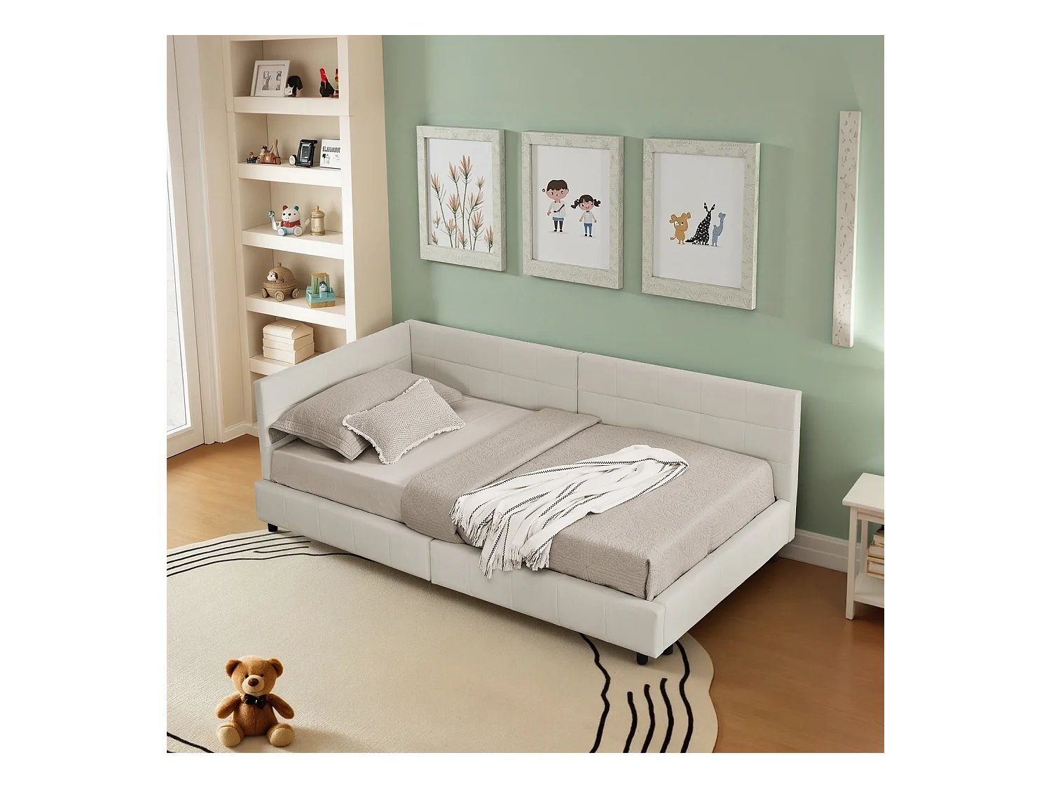 Letto singolo per bambini beige 90x200cm, schienale alto, tessuto in velluto, senza materasso