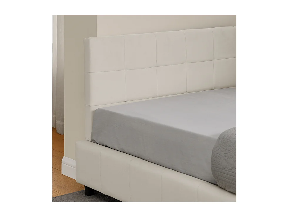 Lit enfant simple beige  90x200cm, dossier haut, tissu velours, sans matelas