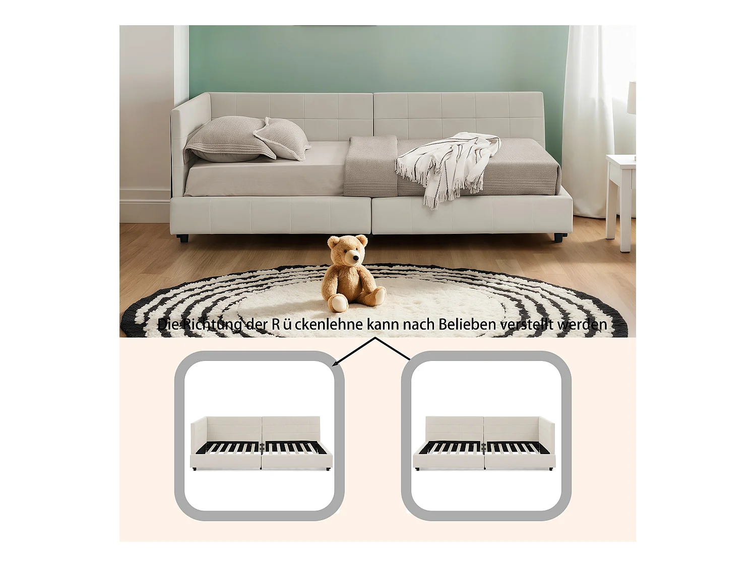 Lit enfant simple beige  90x200cm, dossier haut, tissu velours, sans matelas