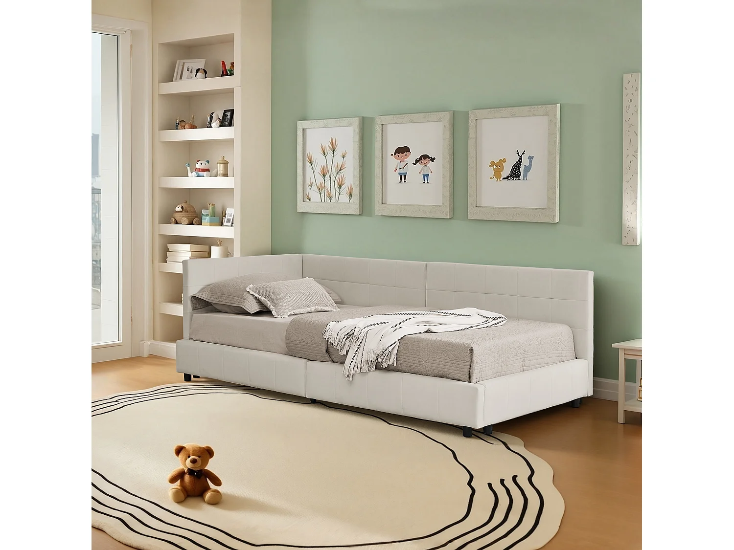 Lit enfant simple beige  90x200cm, dossier haut, tissu velours, sans matelas