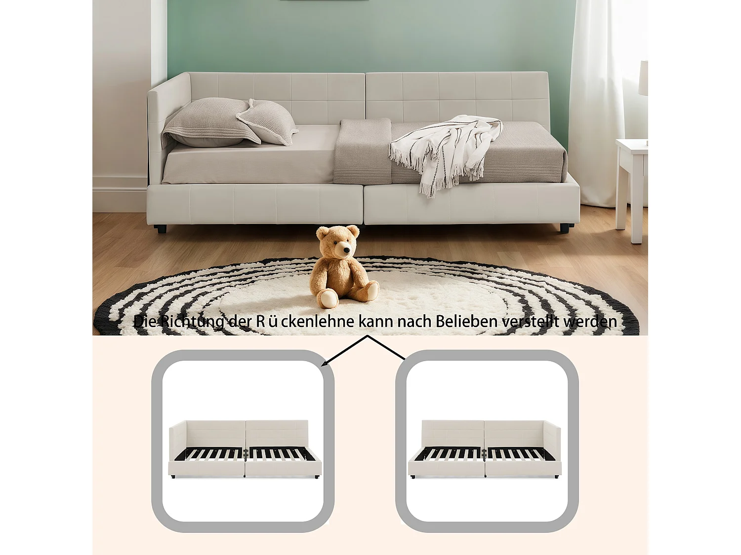 Lit enfant simple beige  90x200cm, dossier haut, tissu velours, sans matelas