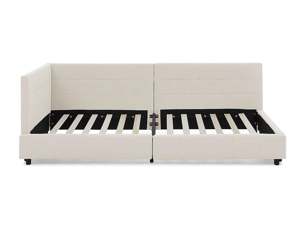 Lit enfant simple beige  90x200cm, dossier haut, tissu velours, sans matelas