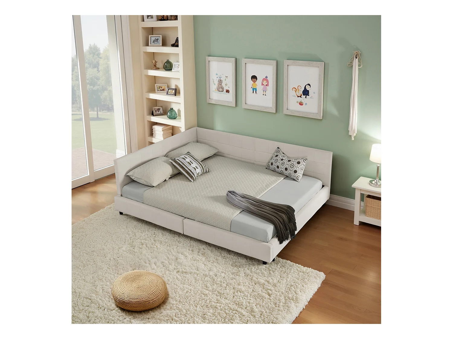Cadre de lit beige  140x200cm, dossier haut, tissu velours, sans matelas