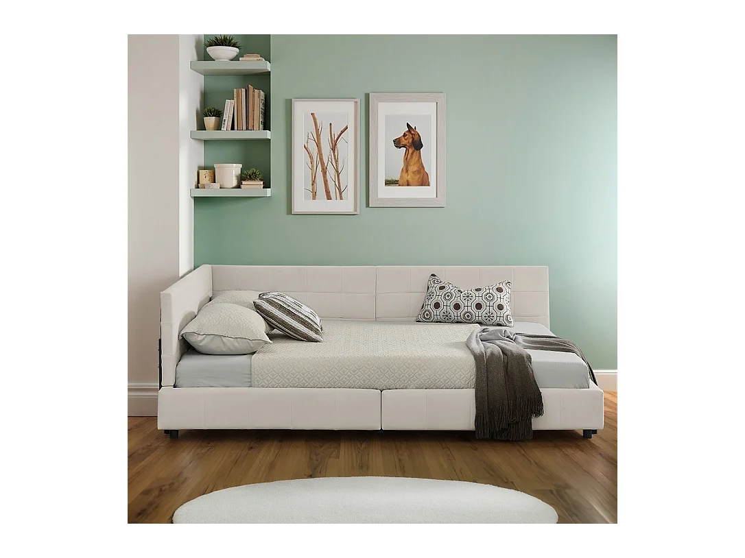 Cadre de lit beige  140x200cm, dossier haut, tissu velours, sans matelas