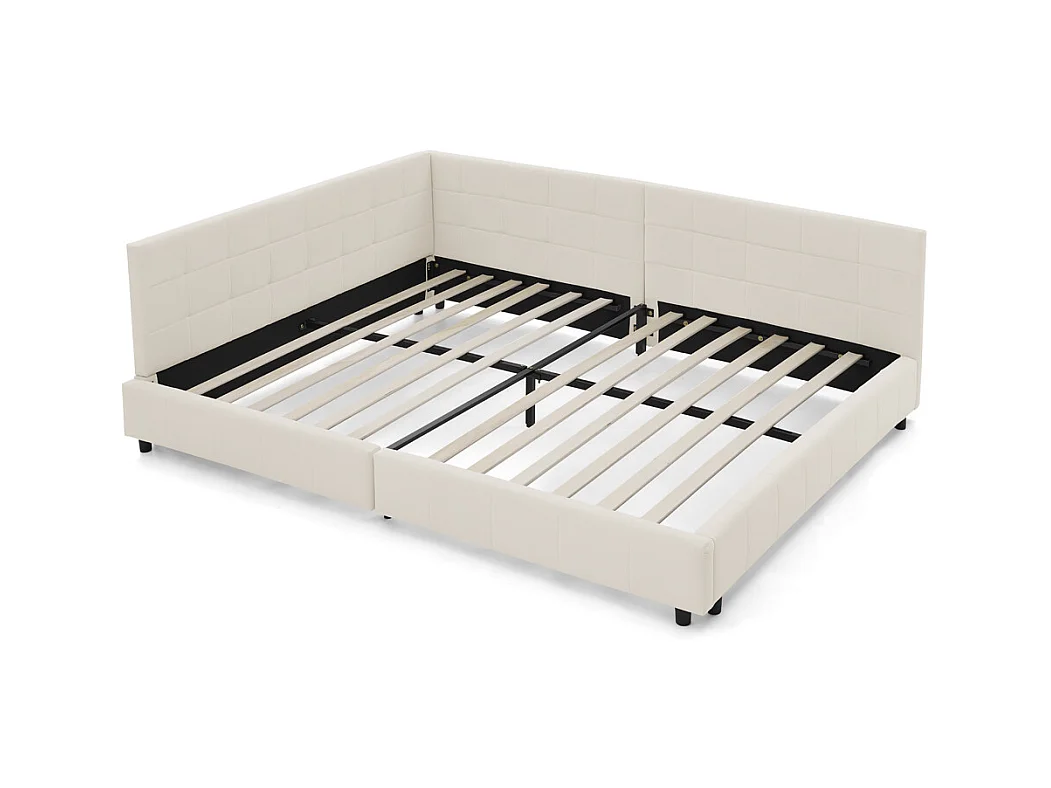 Cadre de lit beige  140x200cm, dossier haut, tissu velours, sans matelas