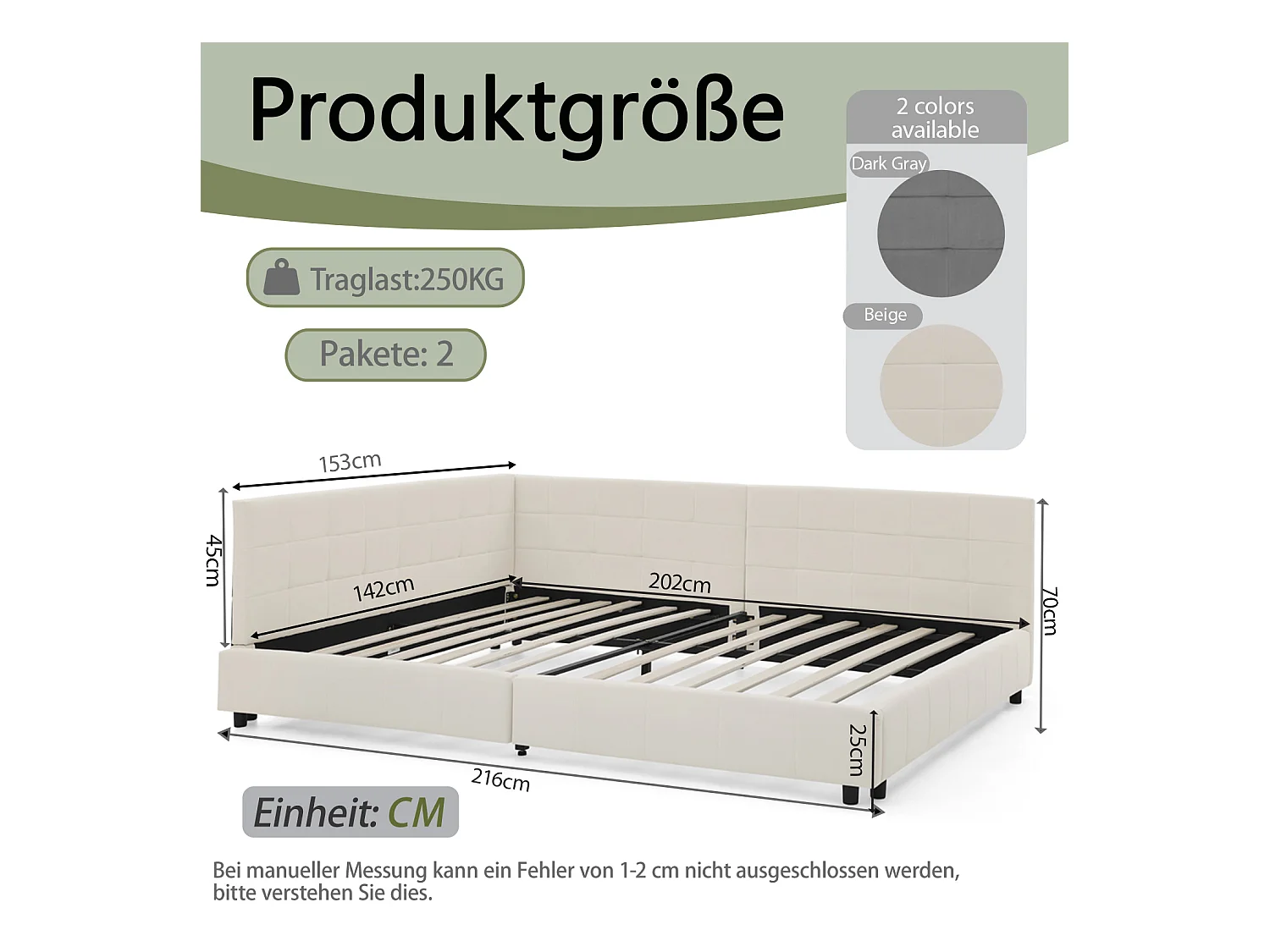 Cadre de lit beige  140x200cm, dossier haut, tissu velours, sans matelas