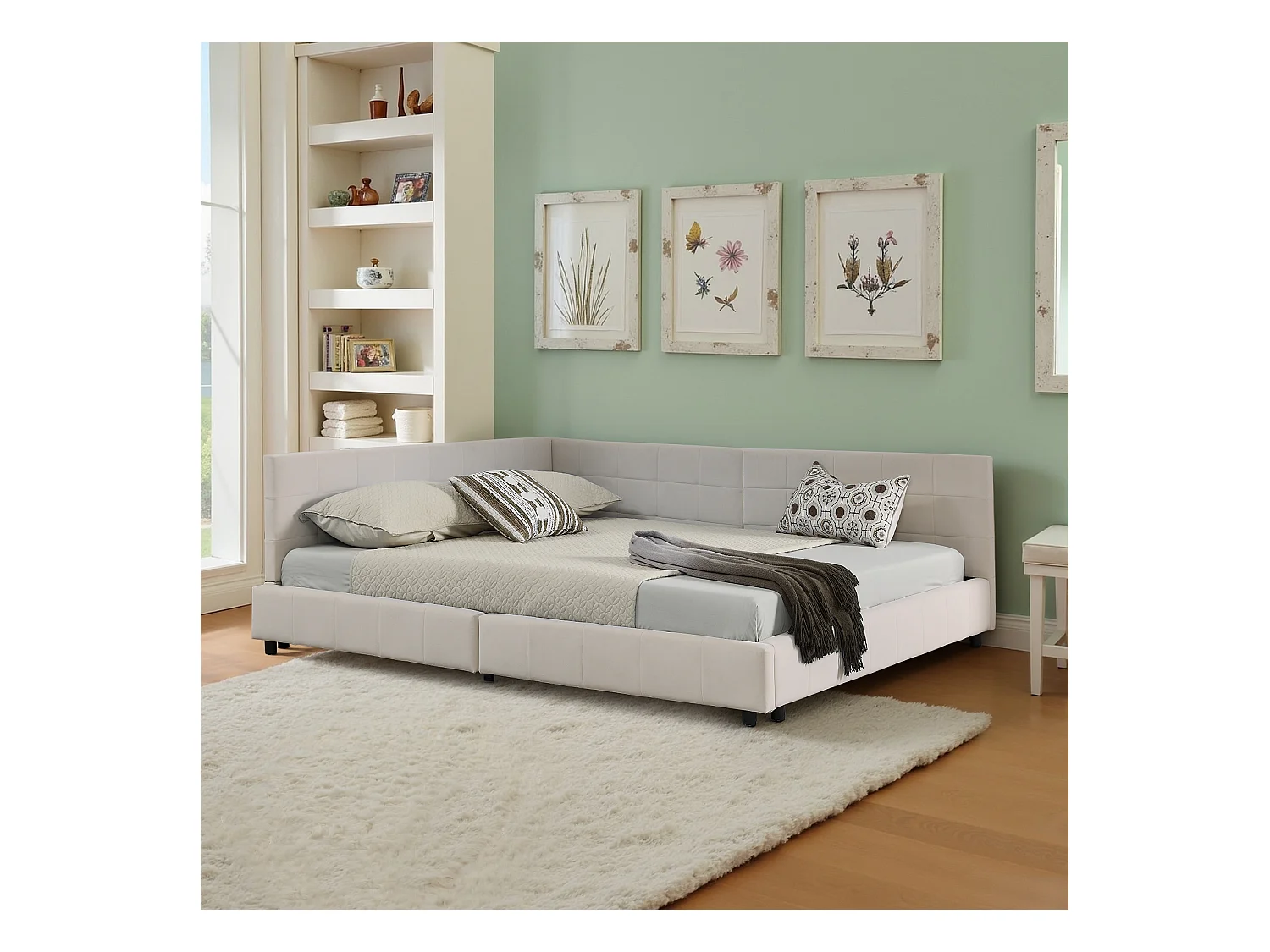 Cadre de lit beige  140x200cm, dossier haut, tissu velours, sans matelas