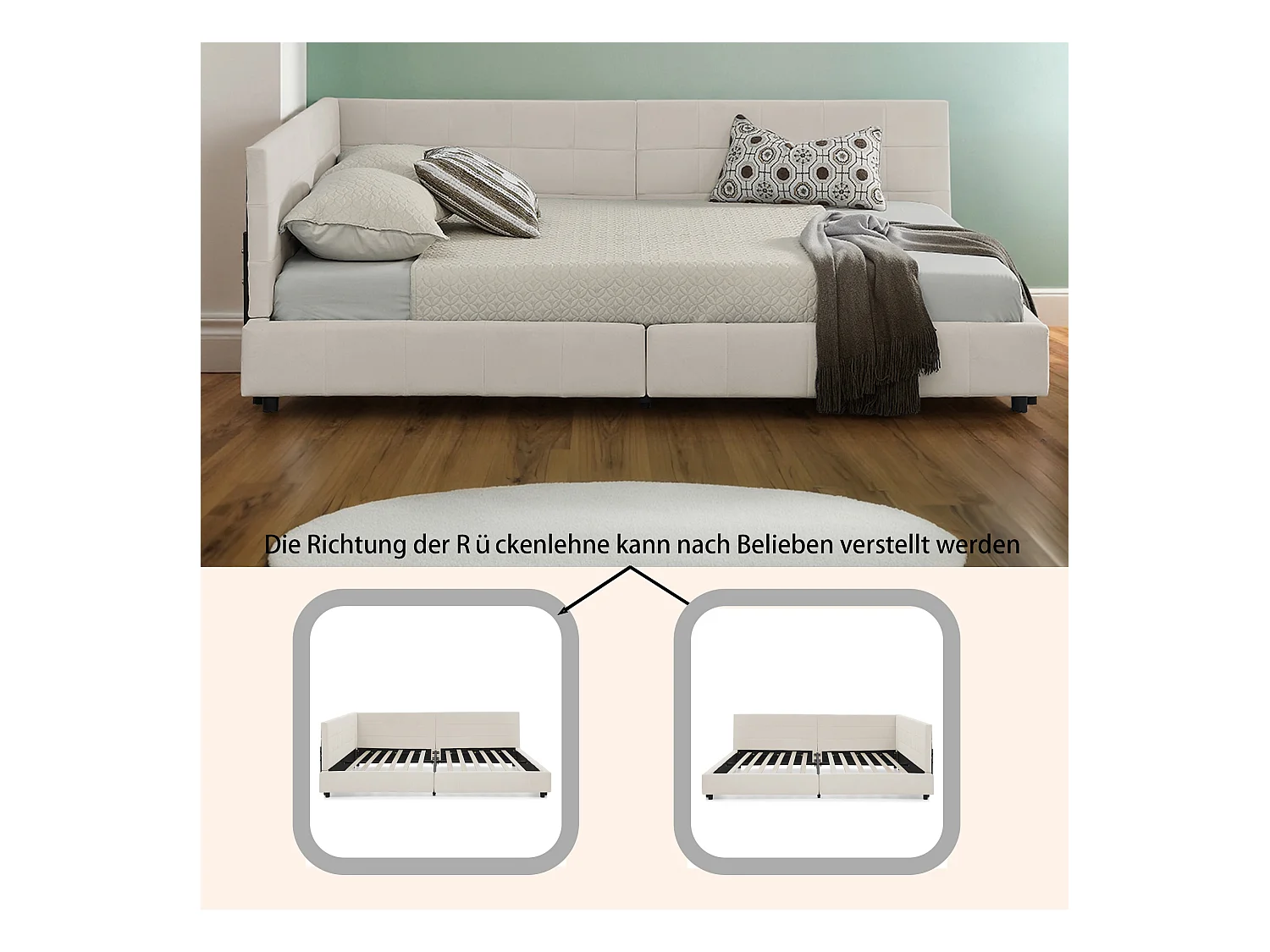 Cadre de lit beige  140x200cm, dossier haut, tissu velours, sans matelas