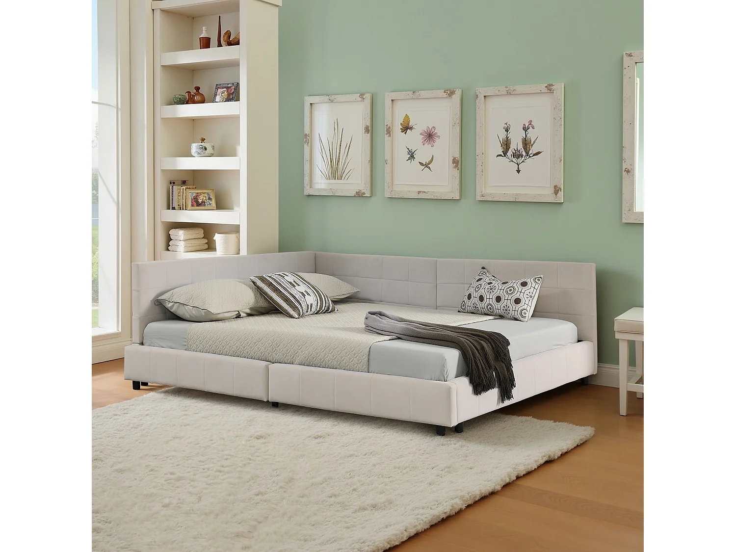 Estructura de cama beige 140x200cm, respaldo alto, tejido terciopelo, sin colchón