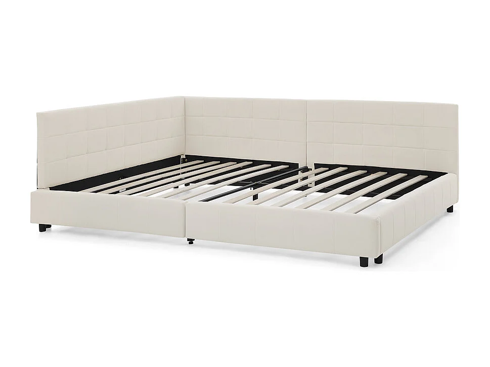 Estructura de cama beige 140x200cm, respaldo alto, tejido terciopelo, sin colchón