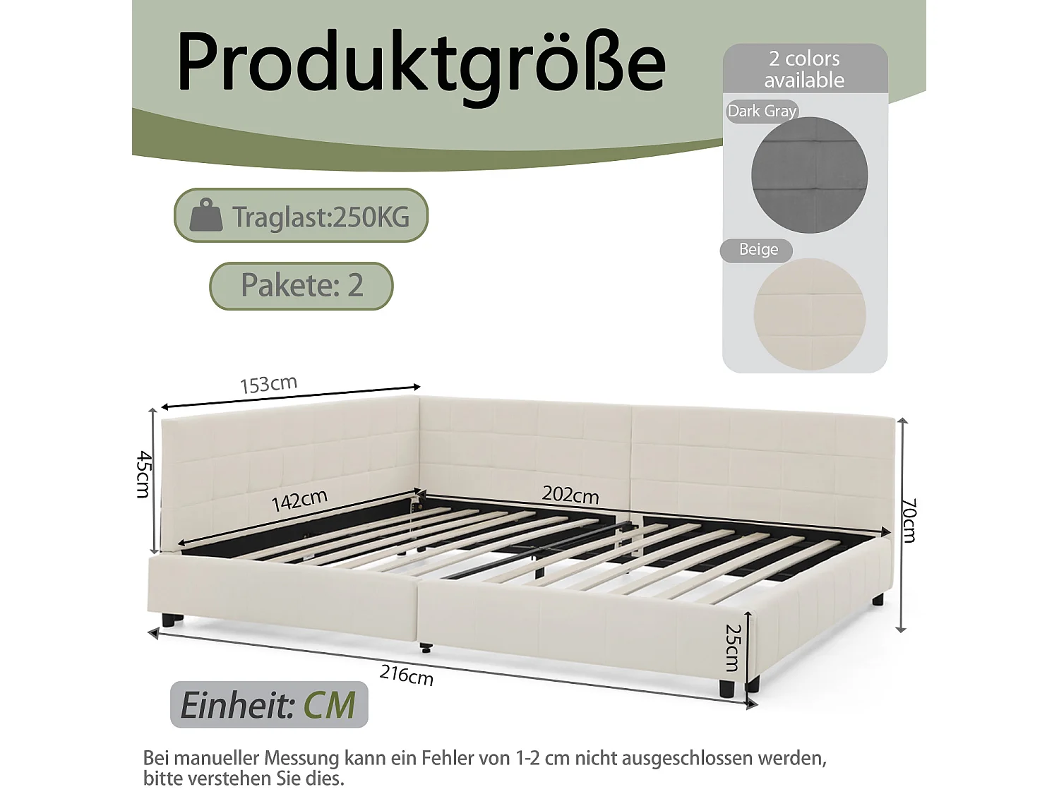 Cadre de lit beige  140x200cm, dossier haut, tissu velours, sans matelas