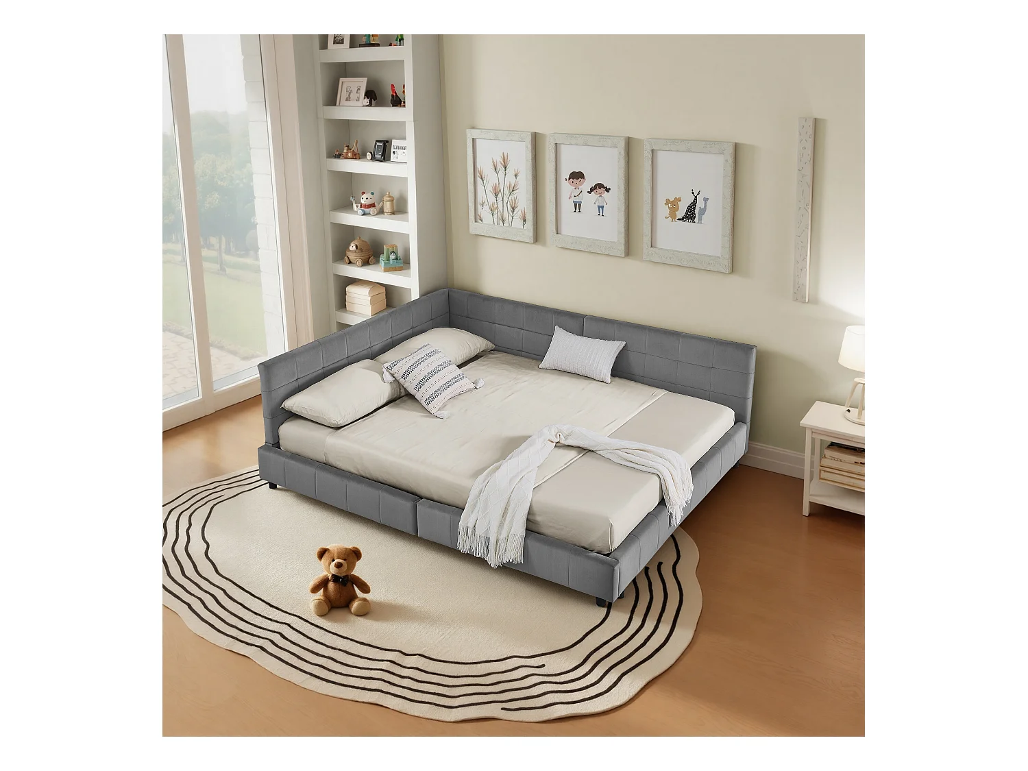 Cama doble adulto gris oscuro 160x200cm, respaldo alto, tejido de terciopelo, sin colchón