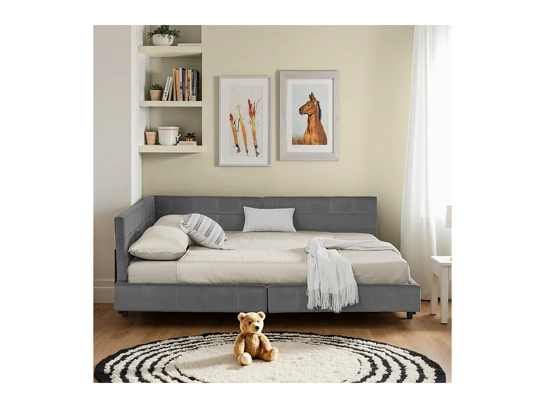 Cama doble adulto gris oscuro 160x200cm, respaldo alto, tejido de terciopelo, sin colchón