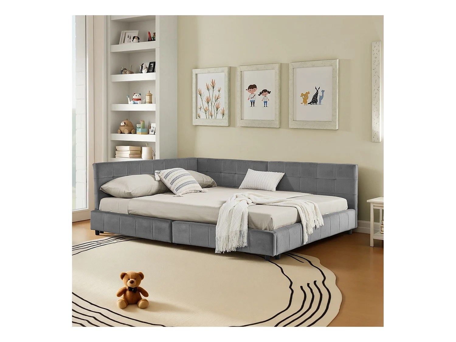 Cama doble adulto gris oscuro 160x200cm, respaldo alto, tejido de terciopelo, sin colchón