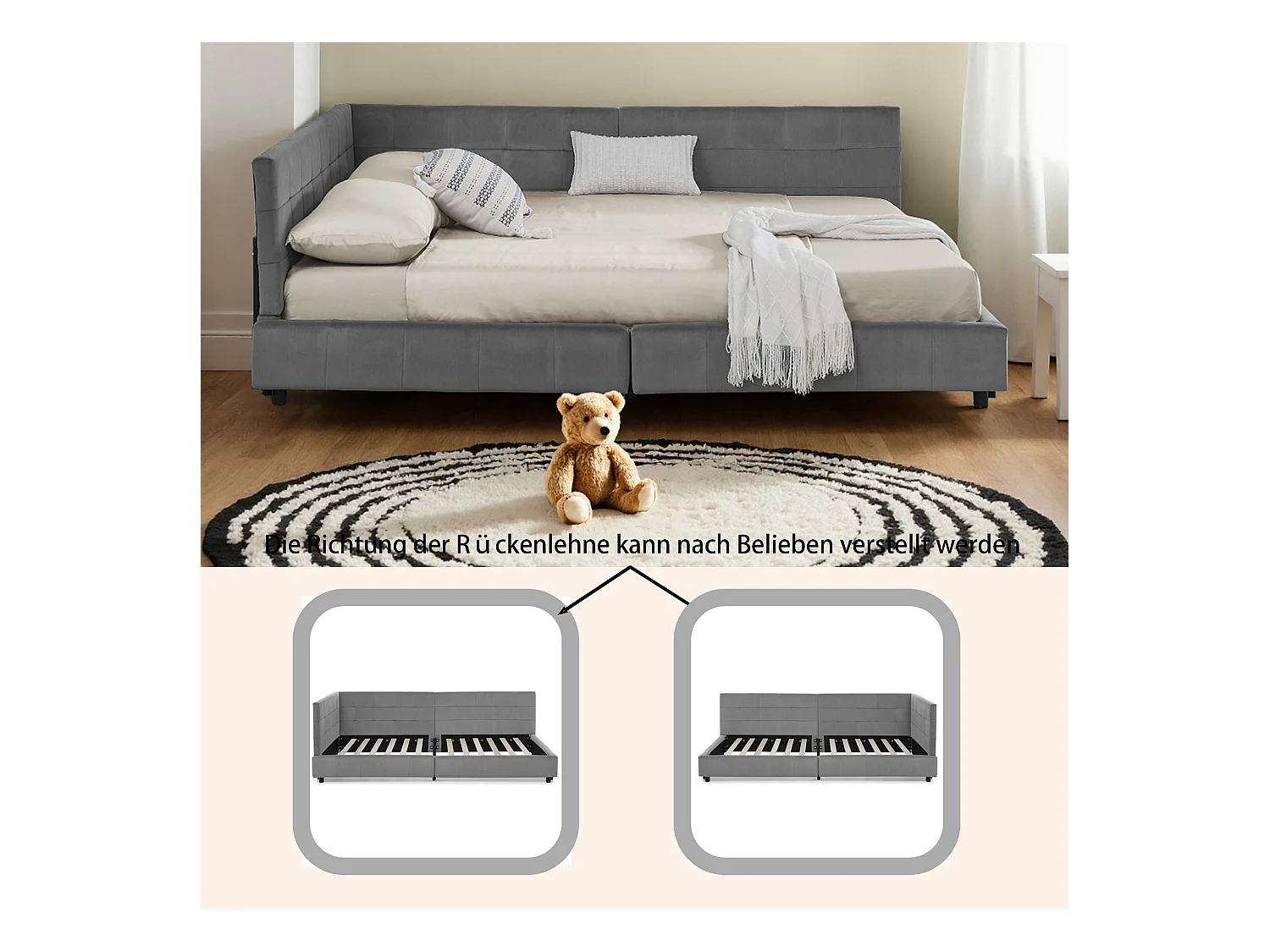 Cama doble adulto gris oscuro 160x200cm, respaldo alto, tejido de terciopelo, sin colchón