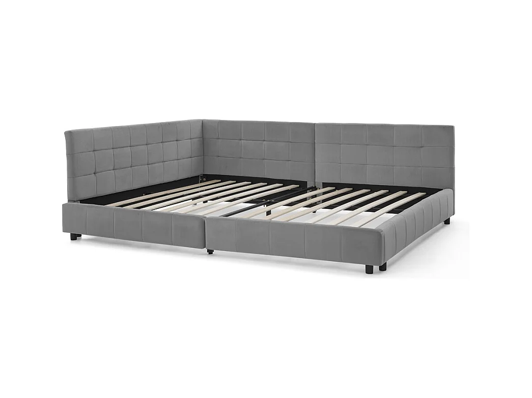 Cama doble adulto gris oscuro 160x200cm, respaldo alto, tejido de terciopelo, sin colchón