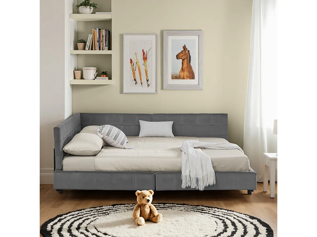 Lit adulte double gris foncé 160x200cm, dossier haut, tissu velours, sans matelas