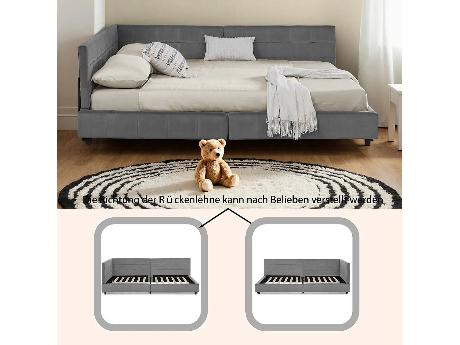 Lit adulte double gris foncé 160x200cm, dossier haut, tissu velours, sans matelas