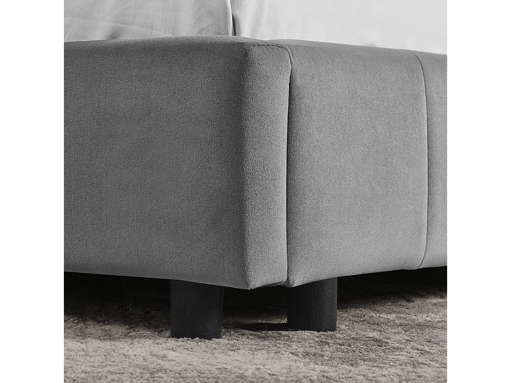 Lit adulte double gris foncé 160x200cm, dossier haut, tissu velours, sans matelas